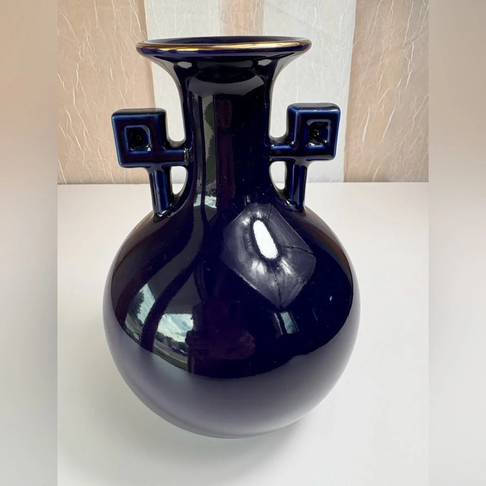 Vintage Japanese Cobalt Blue Porcelain Vase-Hand-painted Golden Pheasant